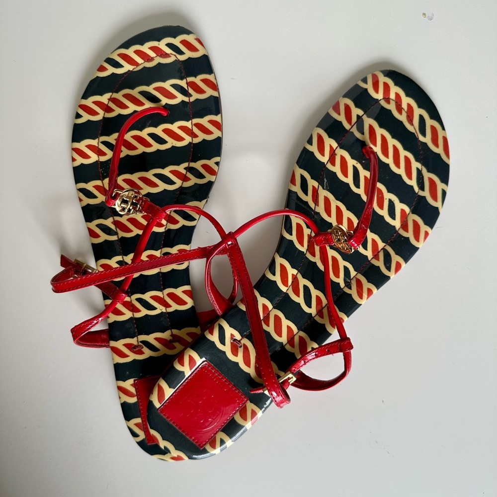 Tory Burch Patent Leather Emmy Flat Thong Sandals, Nautical Style